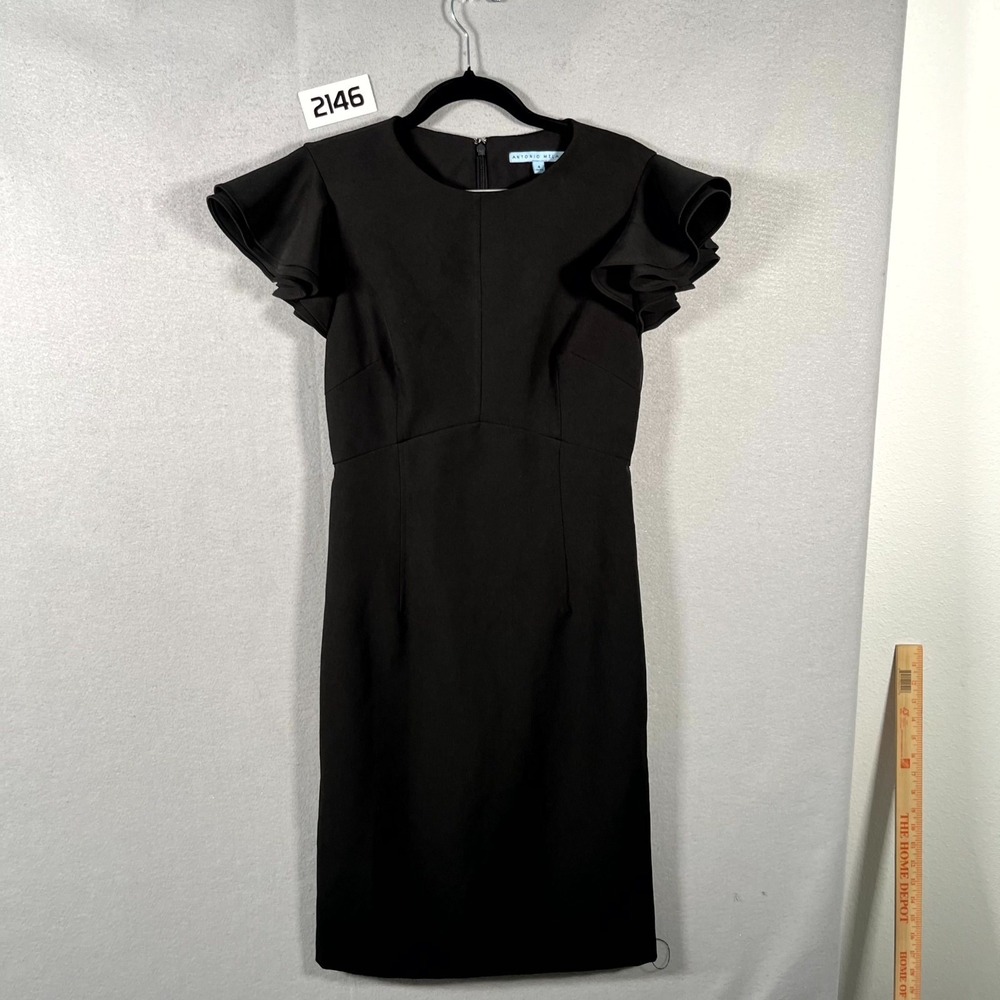 Antonio Melani Sheath Dress Women 4 Black Stretch Flutter Sleeve Back Zip Career